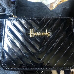 Harrods Black Patent Chevron Quilted Wristlet with Gold Logo